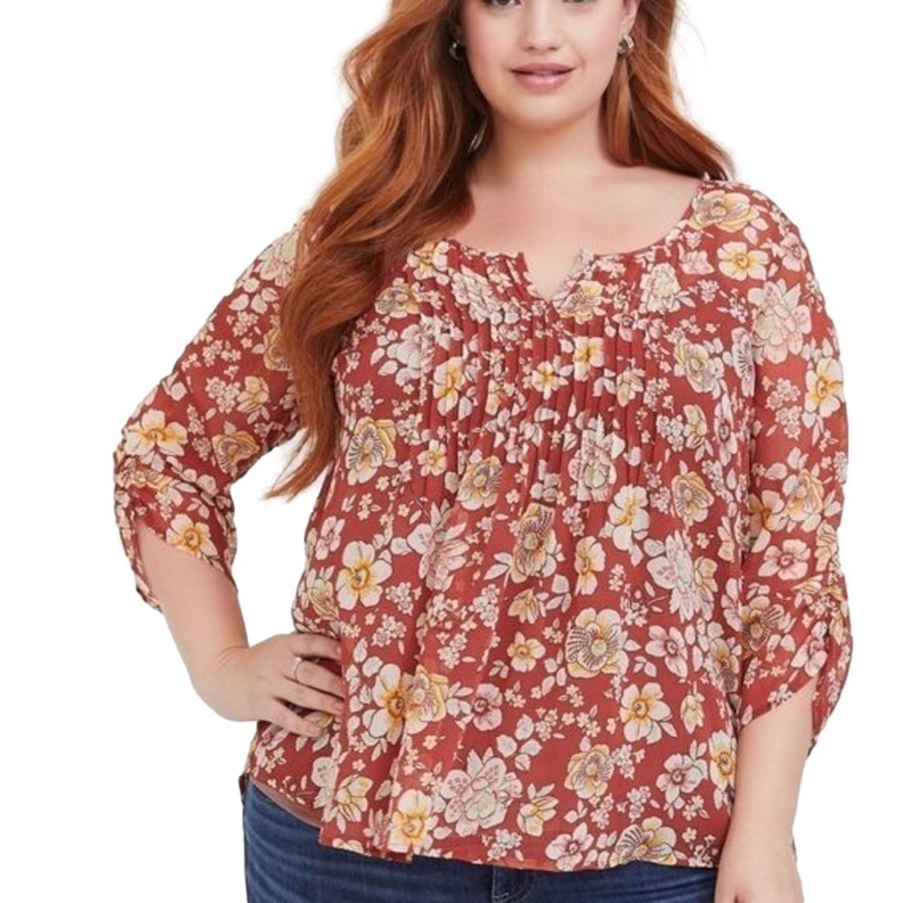 Torrid 1 rust chiffon floral pintuck blouse 1x 14-16 Curvy Girl Feminine